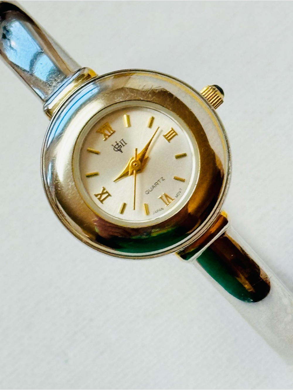 Vintage GVII Gloria Vanderbilt Cuff Watch Women's Blue Cabochon Crown Silver